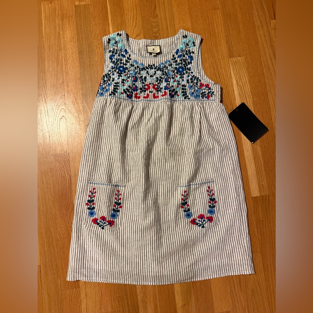 Tuckernuk Striped linen sunny mini Dress with Embroidered Details NWT - Picture 2 of 4